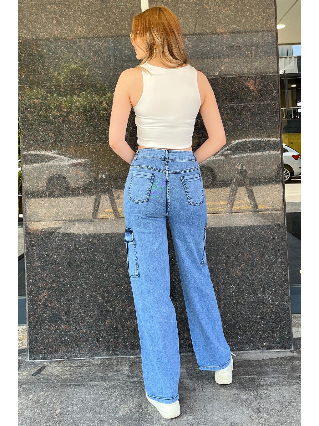 Mavi Yüksek Bel Kargo Cepli Elastanlı Kadın Palazzo Jean Jean Pantolon-3