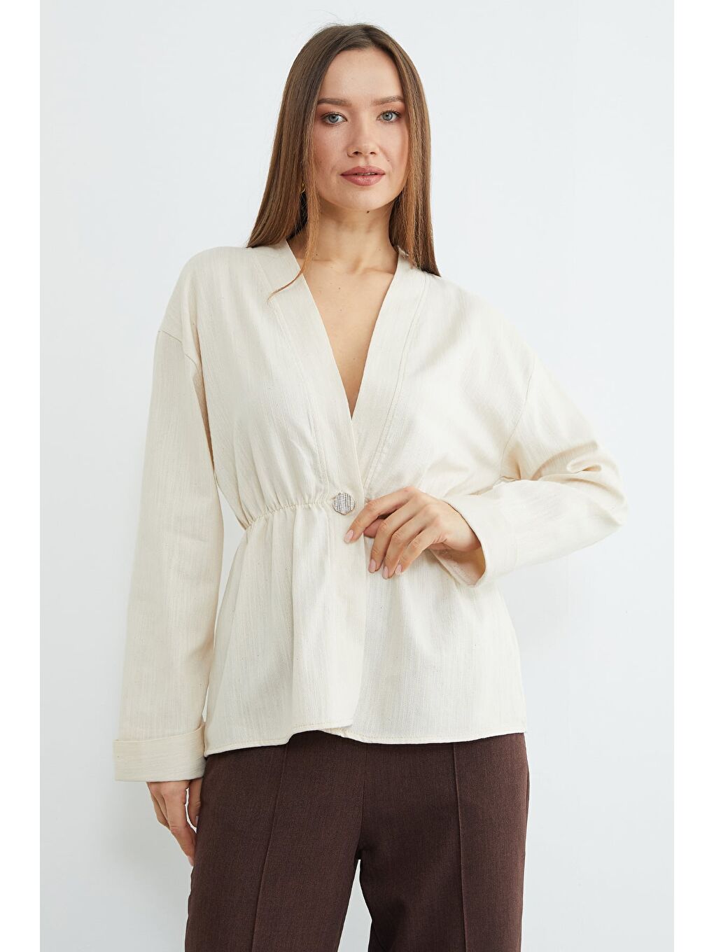 Bej Beli Lastikli Keten Görünümlü Ceket-3