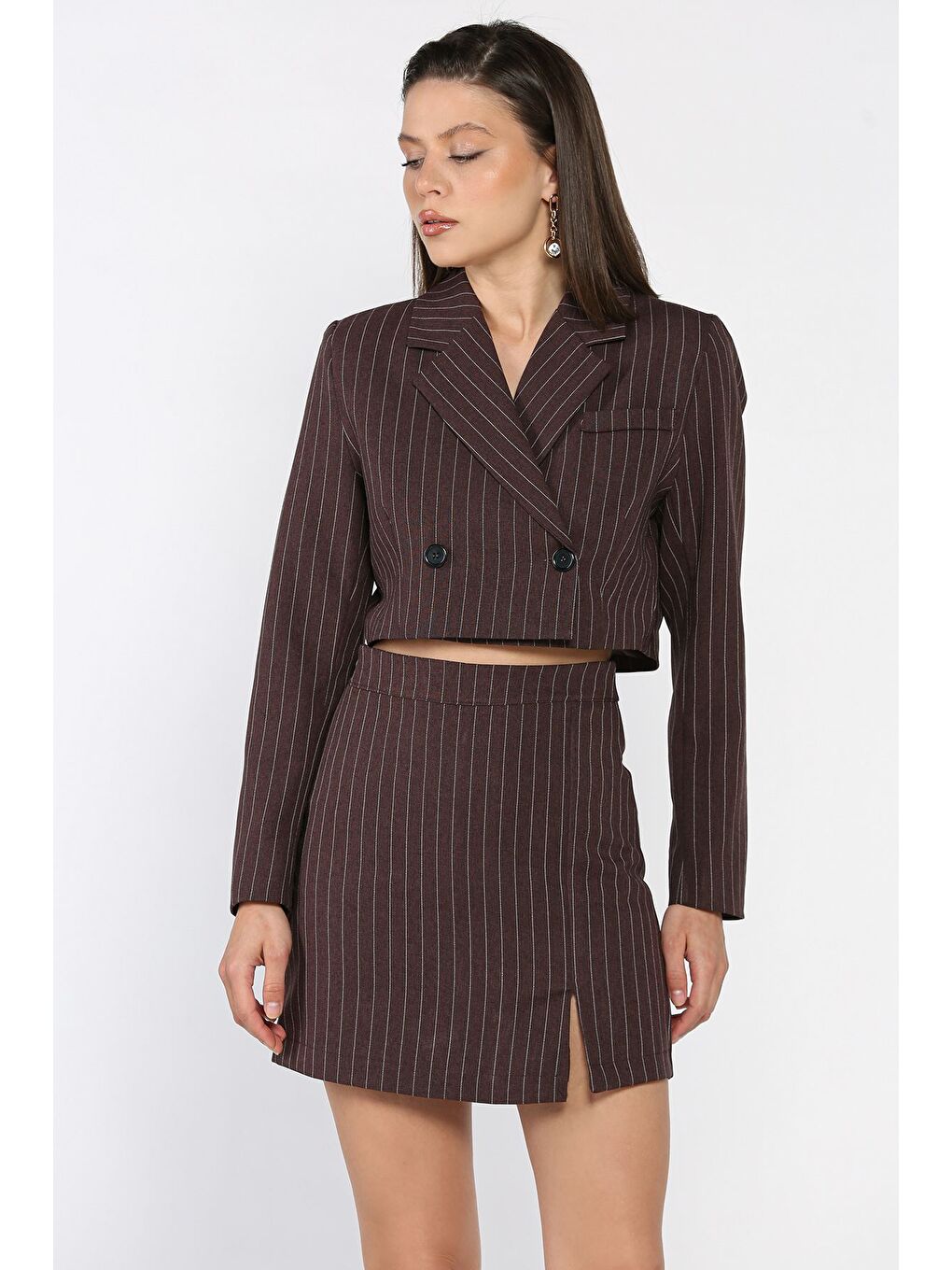Kahverengi Çizgili Crop Top Ceket Şort Etek İkili Takım-1