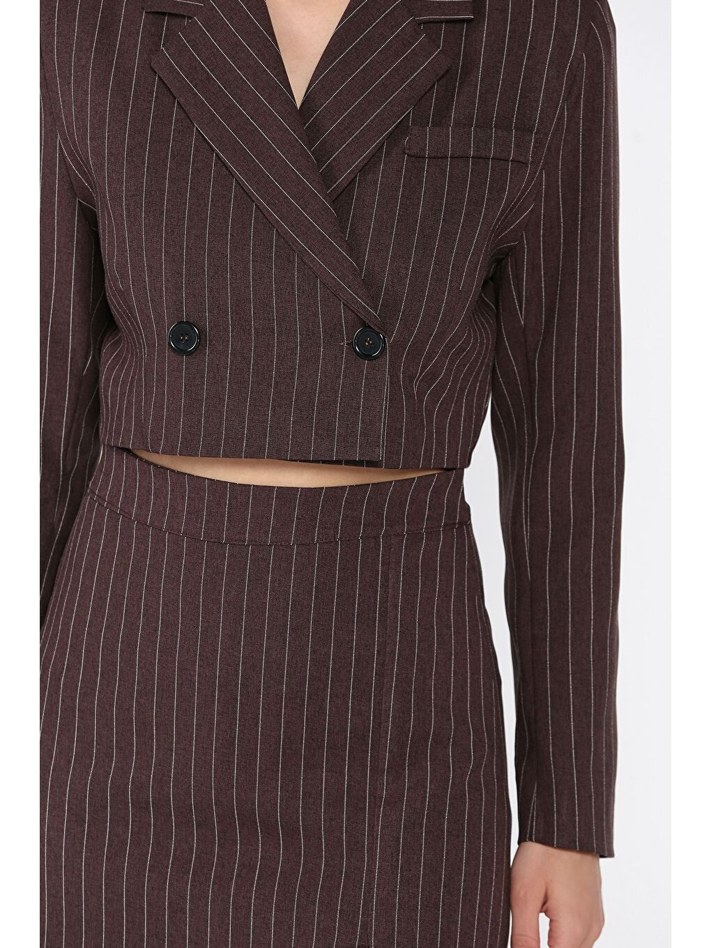 Kahverengi Çizgili Crop Top Ceket Şort Etek İkili Takım-3