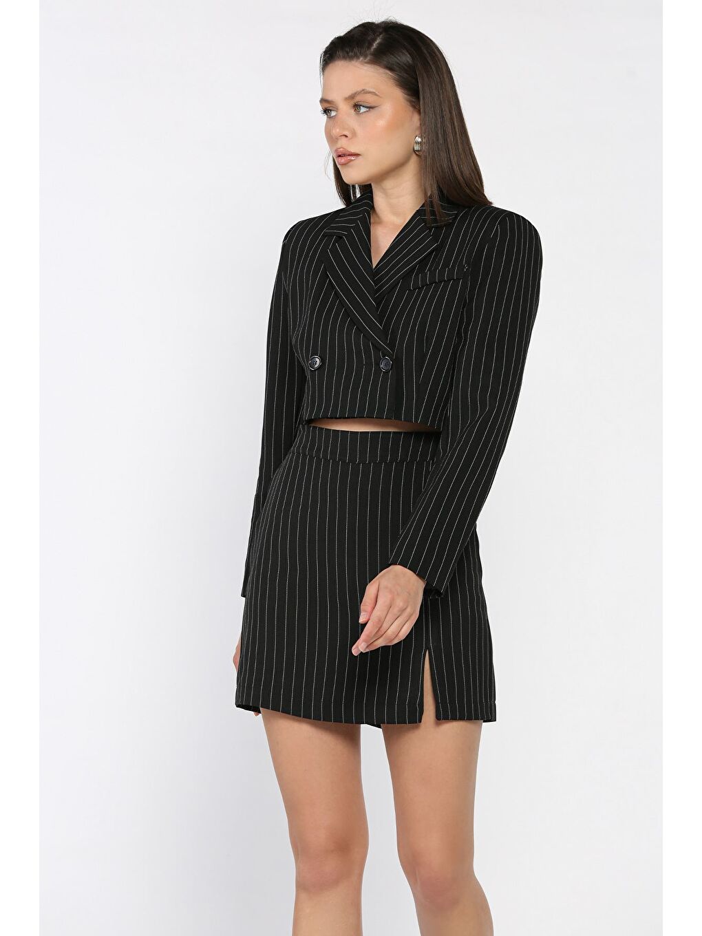 Siyah Çizgili Crop Top Ceket Şort Etek İkili Takım