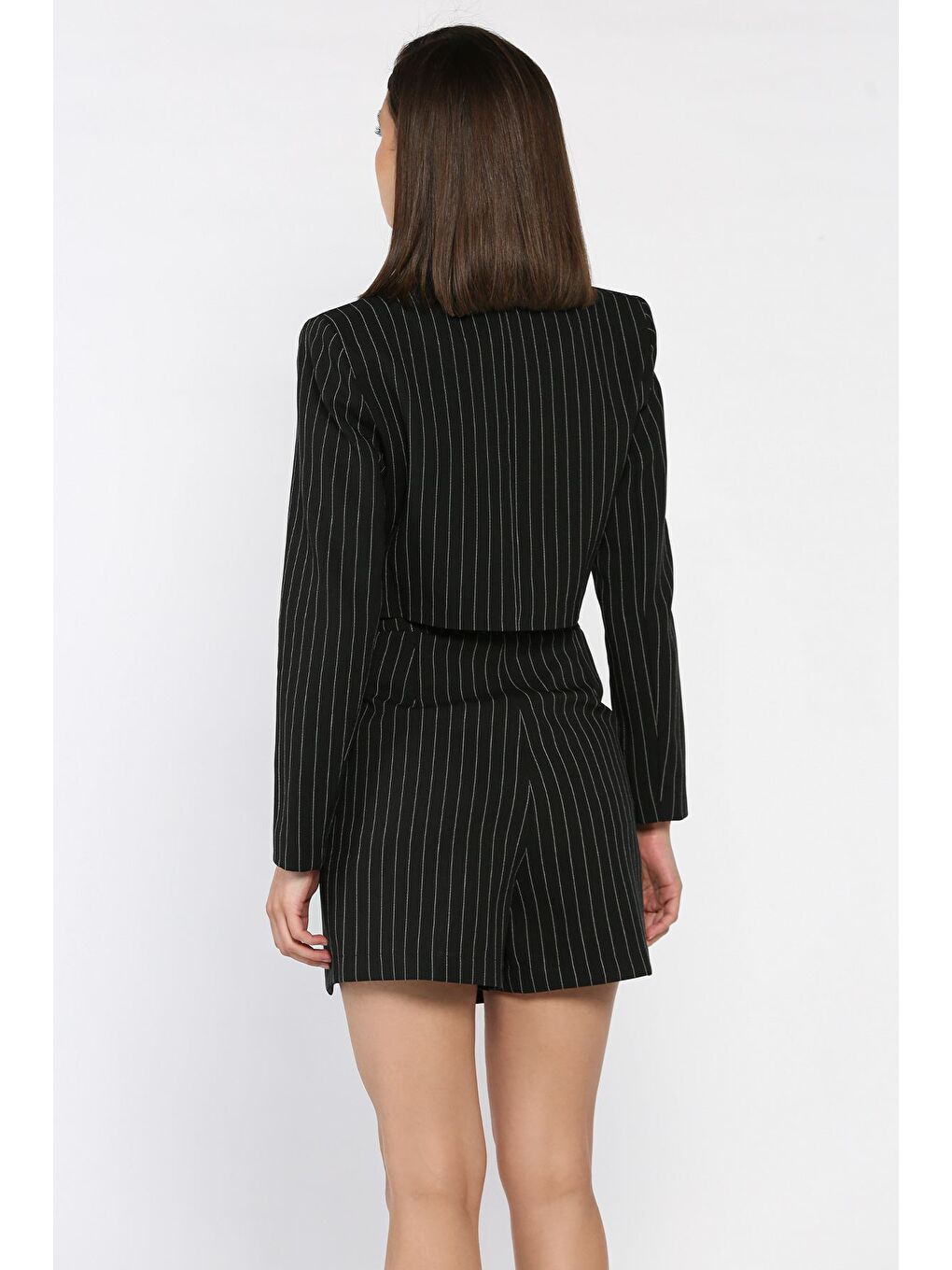 Siyah Çizgili Crop Top Ceket Şort Etek İkili Takım-2