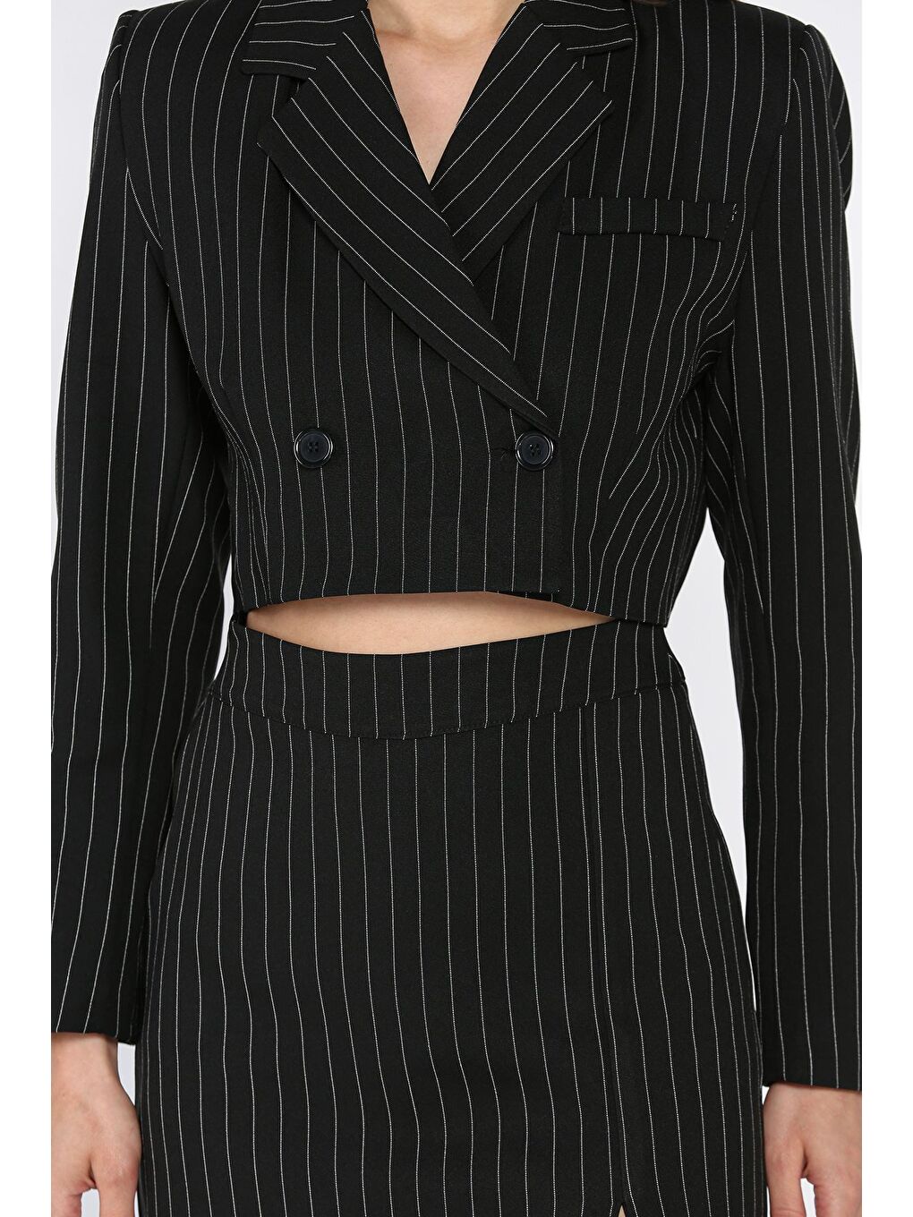Siyah Çizgili Crop Top Ceket Şort Etek İkili Takım-3