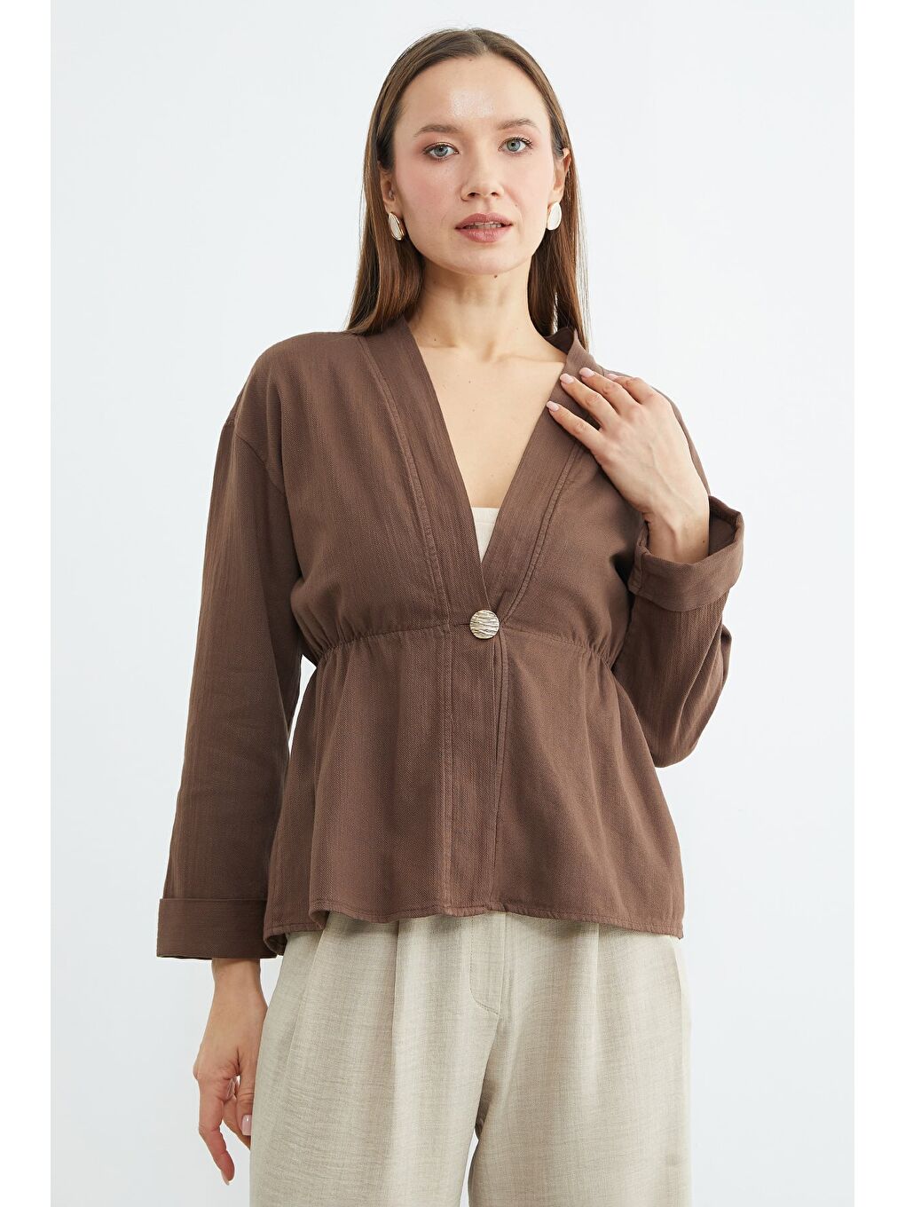 Kahverengi Beli Lastikli Keten Görünümlü Ceket-3