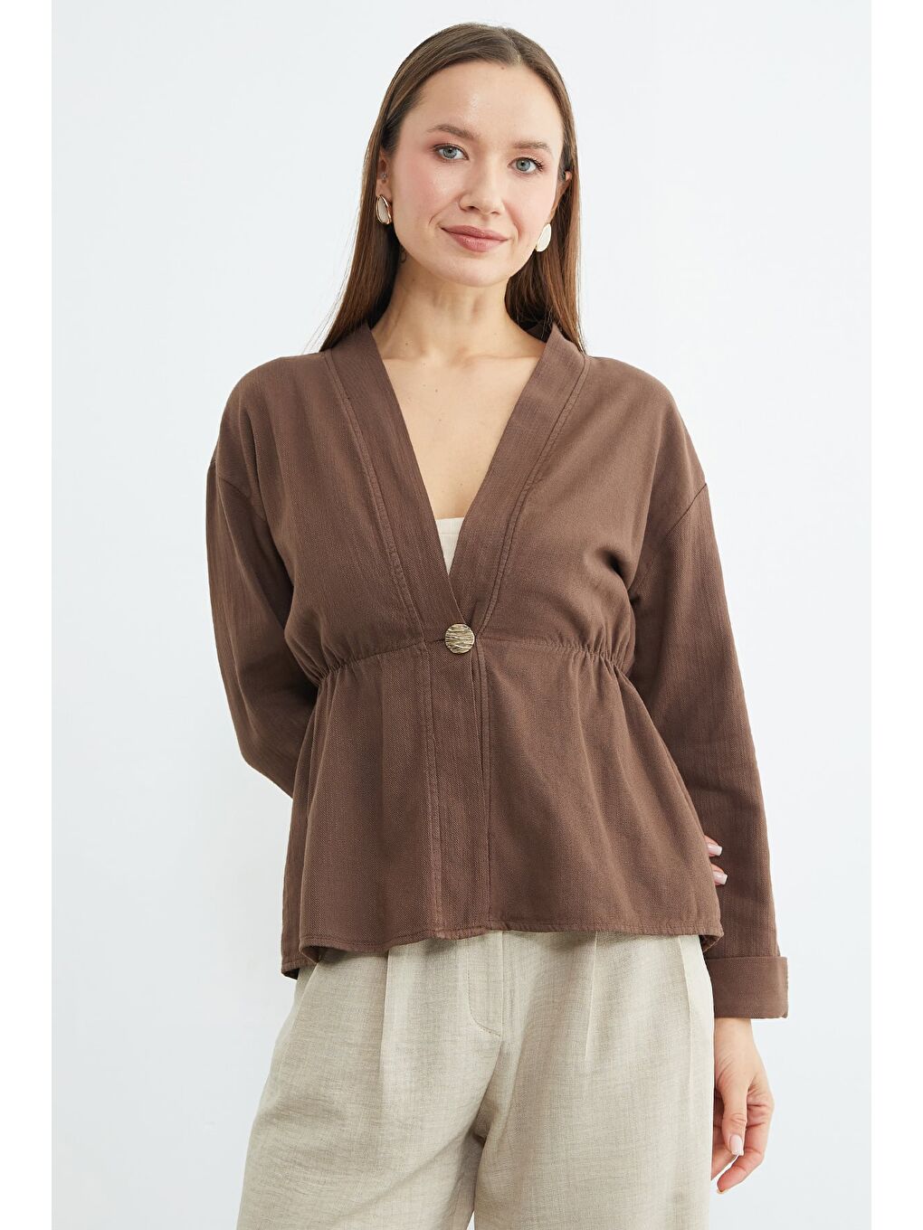 Kahverengi Beli Lastikli Keten Görünümlü Ceket-4