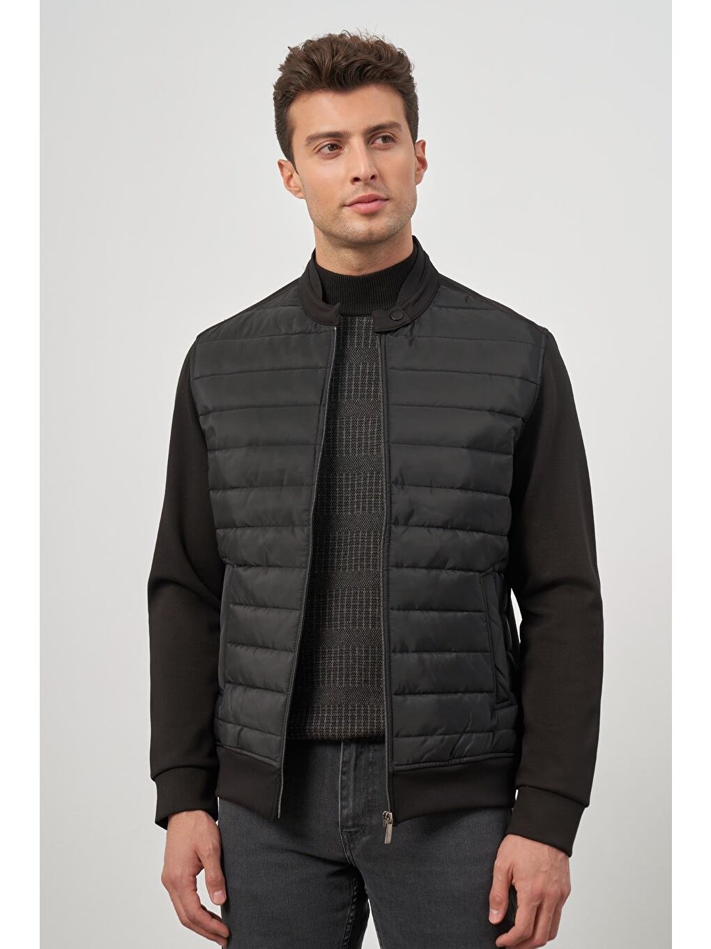 Siyah Kapitone Dik Yaka Astarlı Slim Fit Dar Kesim Mont 1007245154