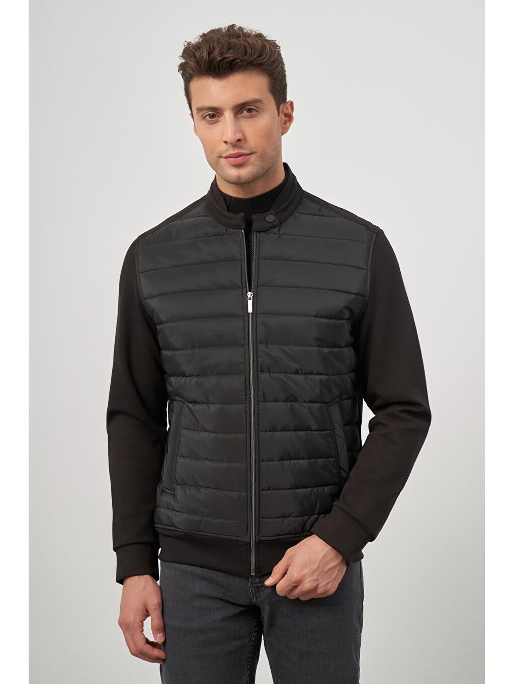 Siyah Kapitone Dik Yaka Astarlı Slim Fit Dar Kesim Mont 1007245154-2