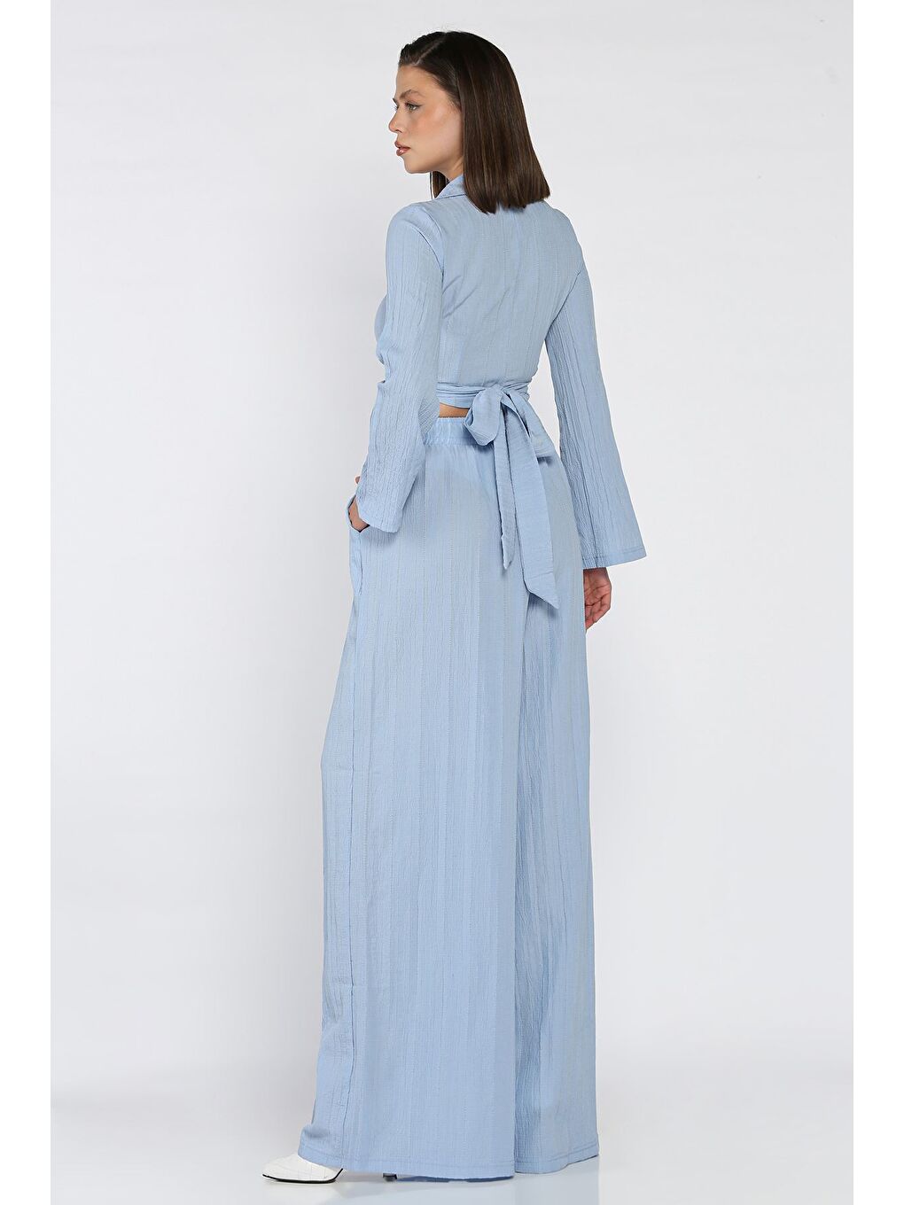 Mavi Kruvaze Yaka Bel Bağcıklı Bluz Pantolon İkili Takım-2