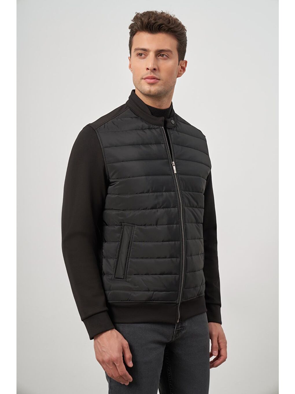 Siyah Kapitone Dik Yaka Astarlı Slim Fit Dar Kesim Mont 1007245154-3