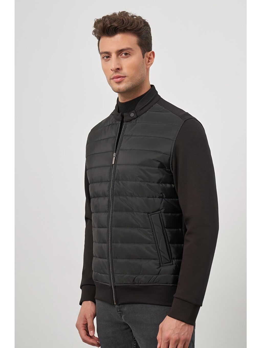 Siyah Kapitone Dik Yaka Astarlı Slim Fit Dar Kesim Mont 1007245154-4