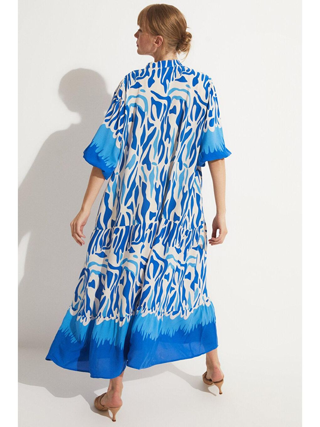 Mavi Kadın Desenli Rahat Kesim V Yaka Maxi Elbise-2