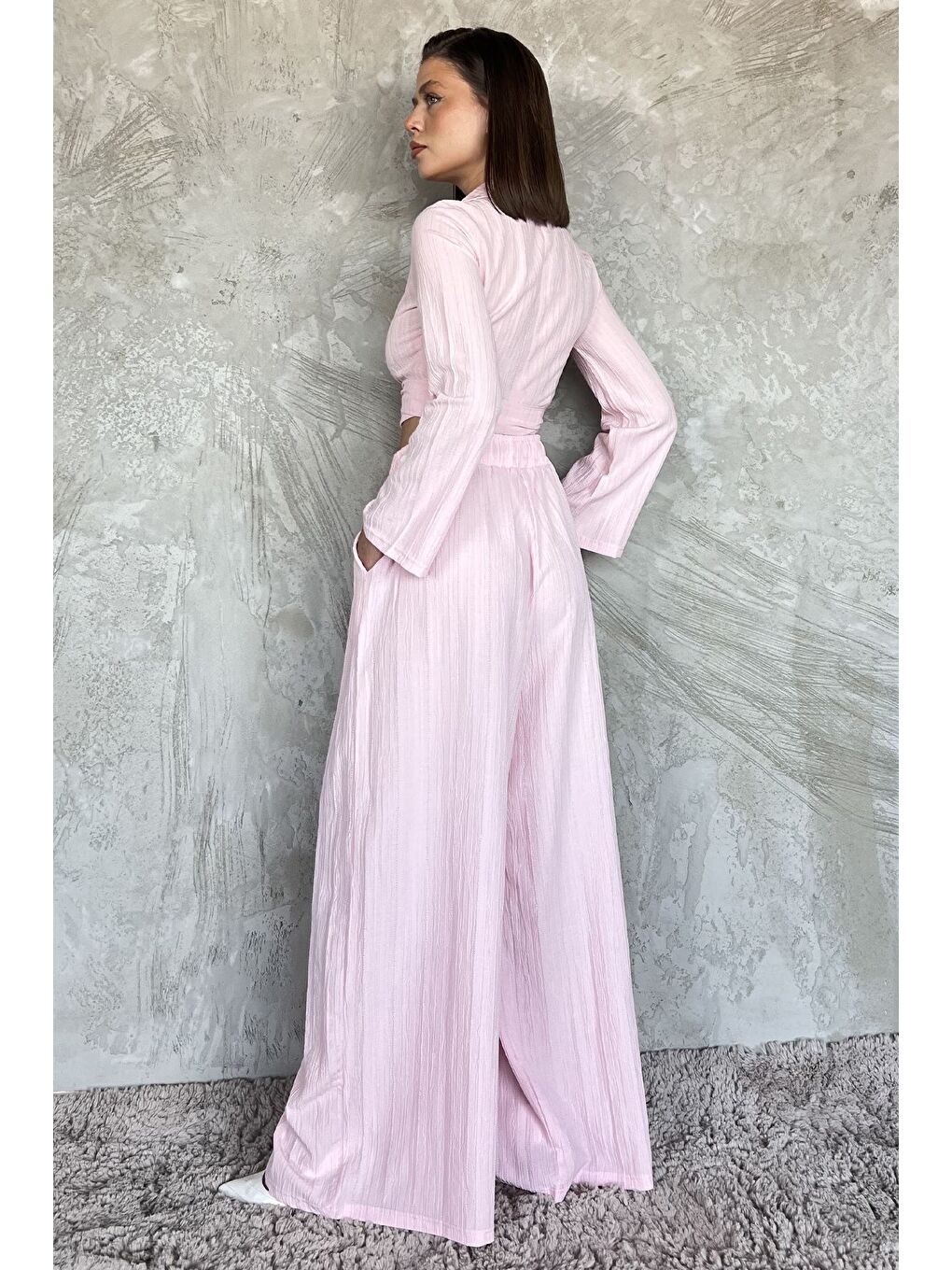 Pembe Kruvaze Yaka Bel Bağcıklı Bluz Pantolon İkili Takım-2
