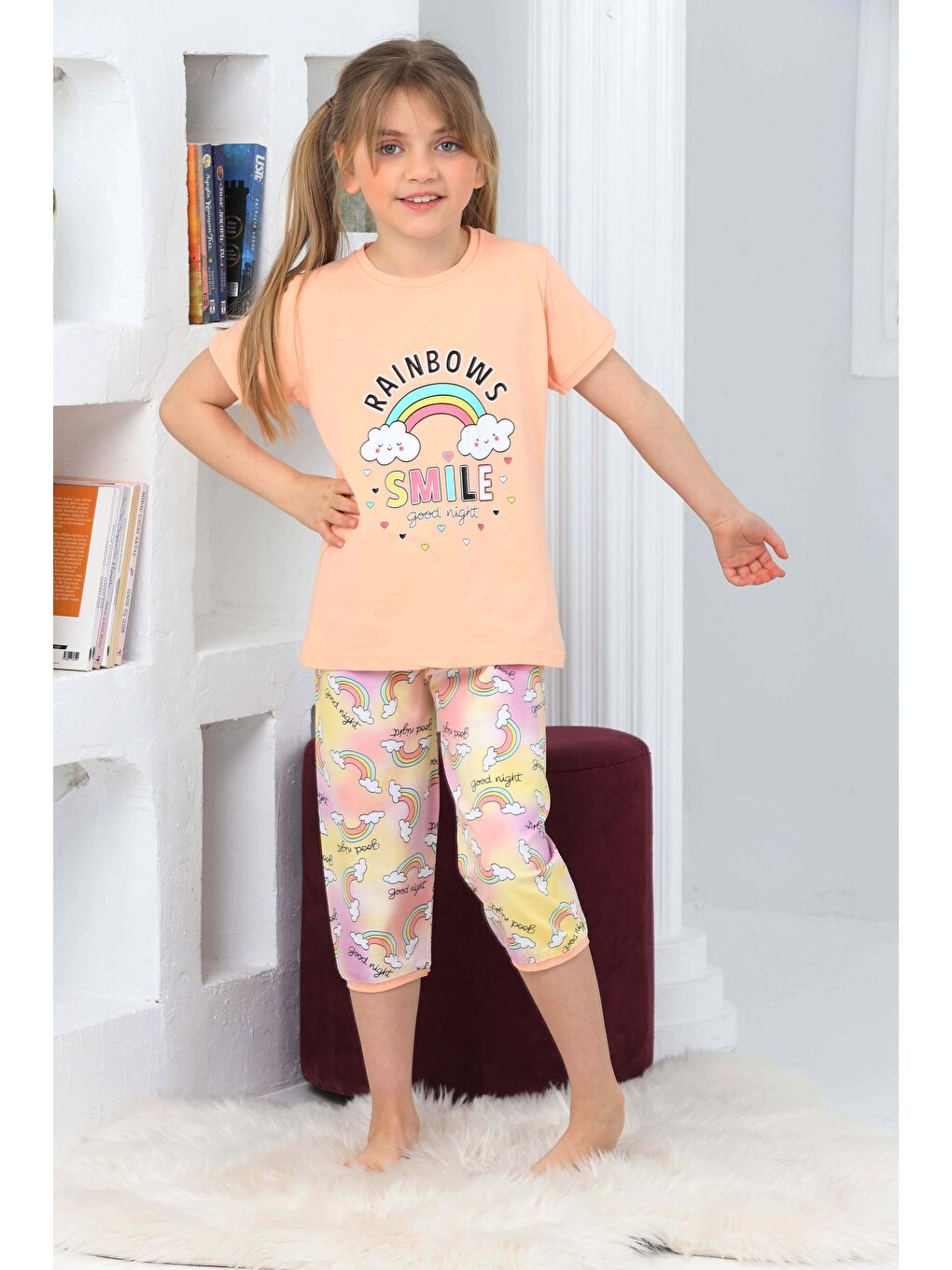 Kapi Kids Pembe Kız Çocuk Kaprili-Gökkuşağı Baskılı Pijama Takımı Mnx 6100-01