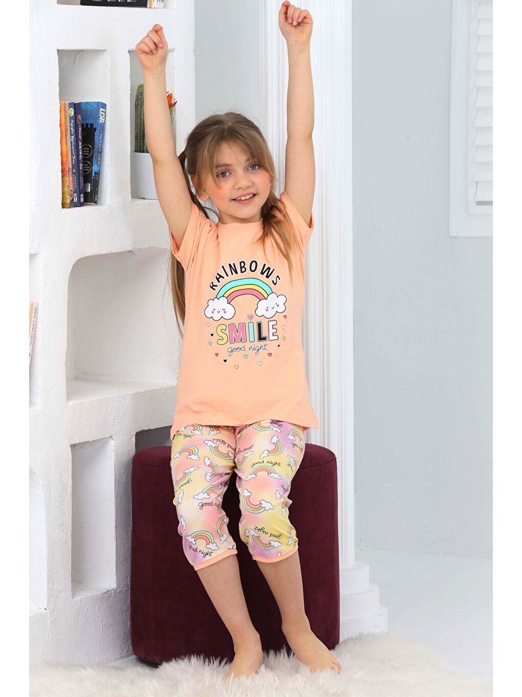 Kapi Kids Pembe Kız Çocuk Kaprili-Gökkuşağı Baskılı Pijama Takımı Mnx 6100-01 - 1