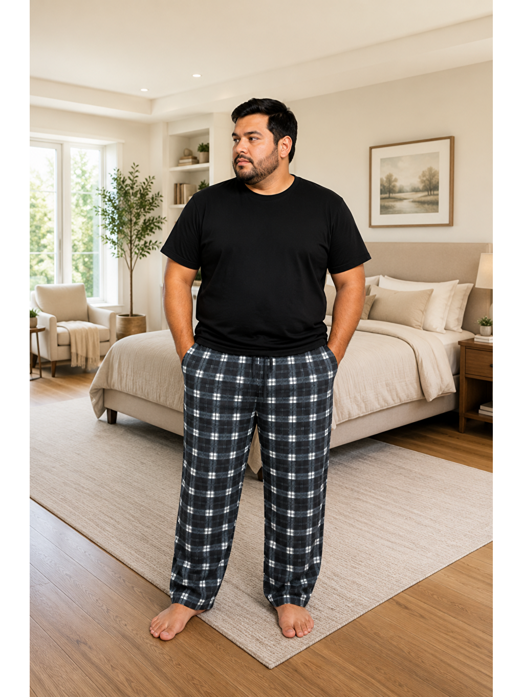 Siyah Erkek %100 Doğal Pamuk Büyük Beden Yüksek Kalite Battal Pijama Takımı-1