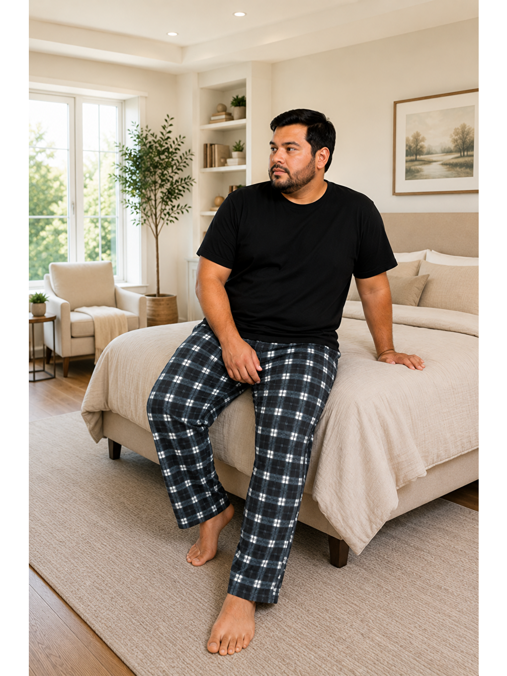 Siyah Erkek %100 Doğal Pamuk Büyük Beden Yüksek Kalite Battal Pijama Takımı-2