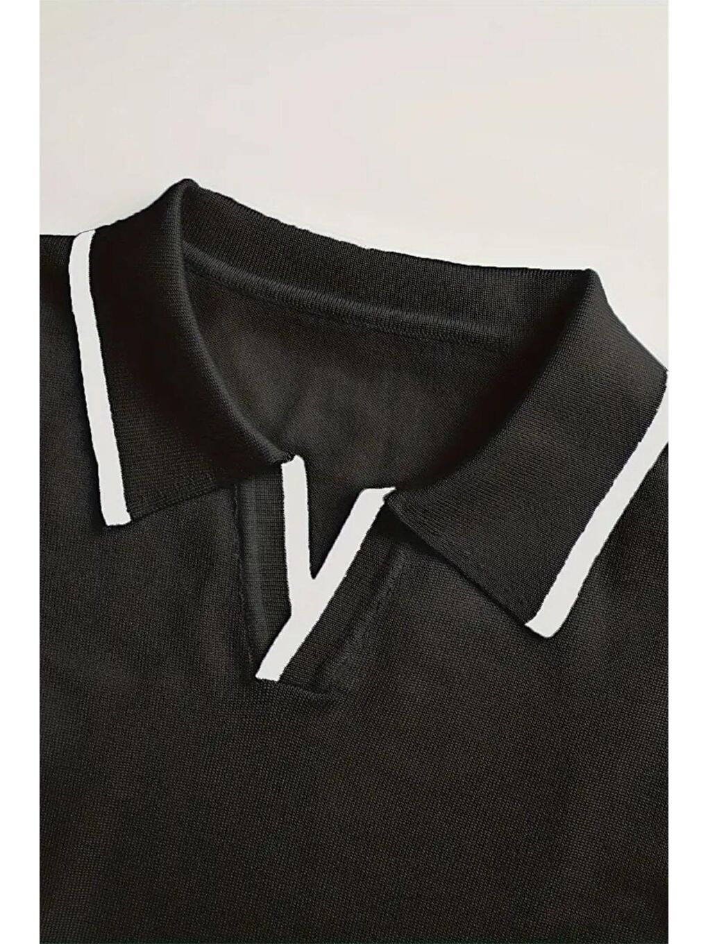 Siyah Roxy Slim Fit Yakası ve Kolu Şeritli Erkek Polo Yaka Triko Kazak-1