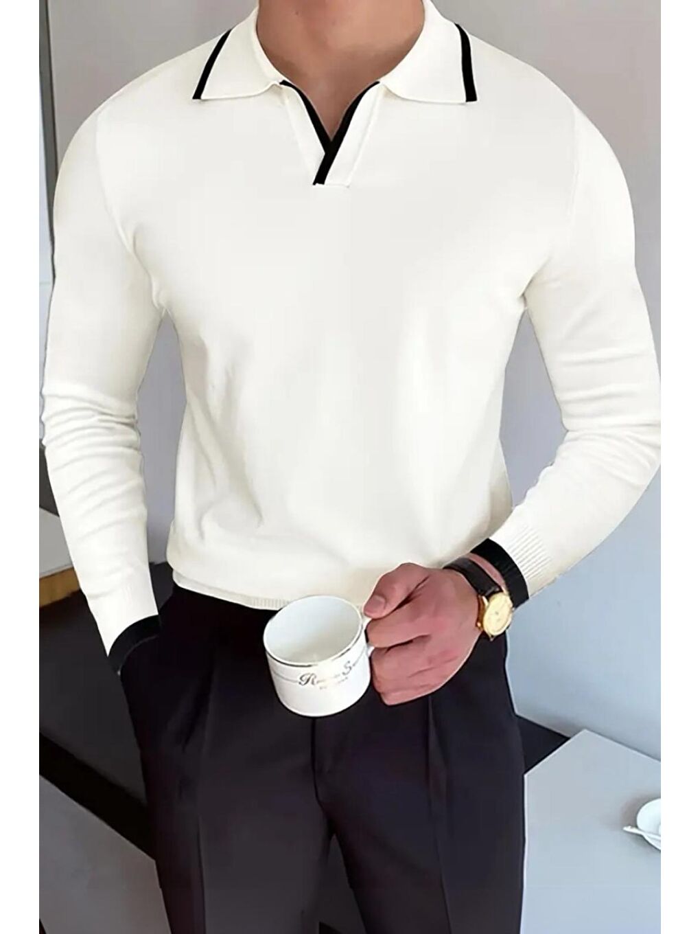 Beyaz Roxy Slim Fit Yakası ve Kolu Şeritli Erkek Polo Yaka Triko Kazak