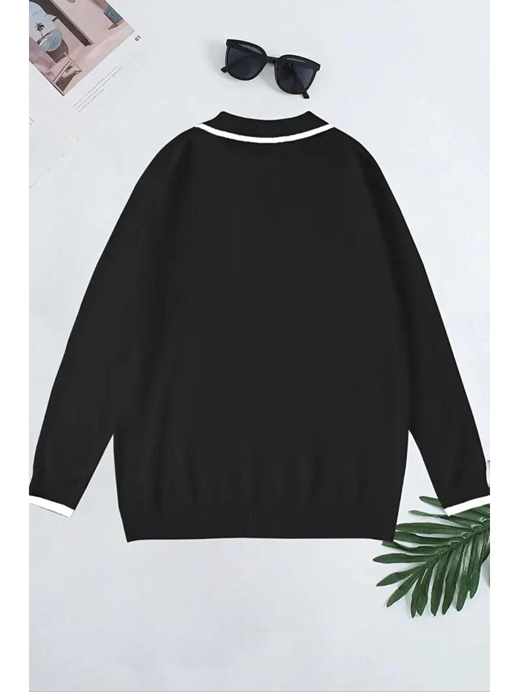 Siyah Roxy Slim Fit Yakası ve Kolu Şeritli Erkek Polo Yaka Triko Kazak-3