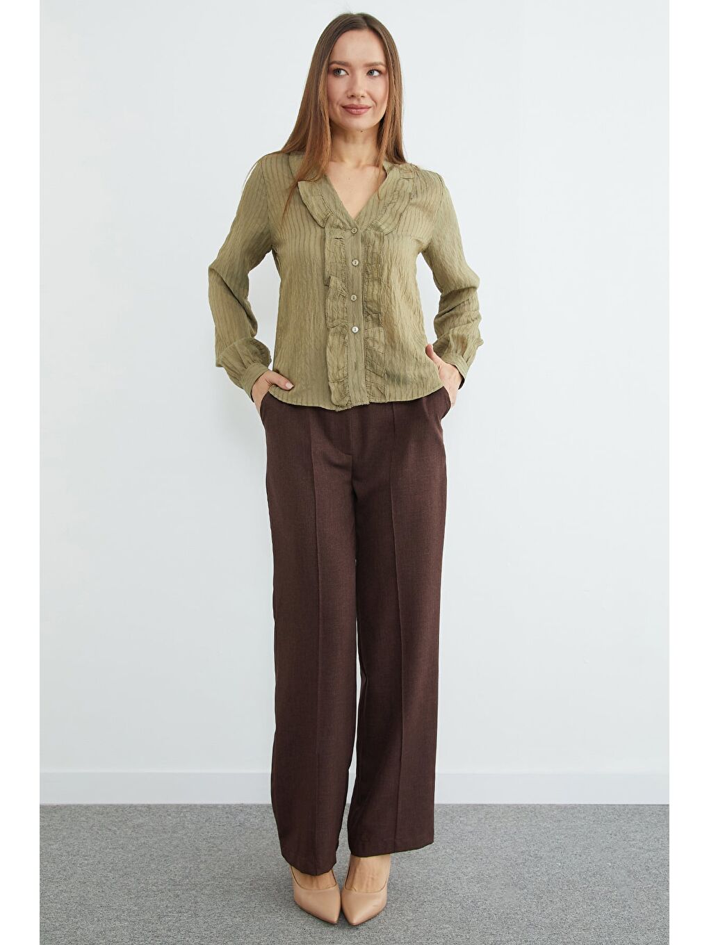 Haki Önü Fırfırlı Çizgili Jakarlı Gömlek-3