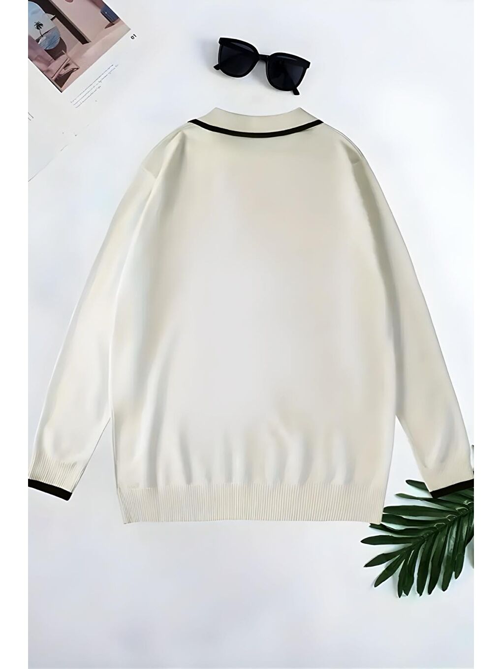 Beyaz Roxy Slim Fit Yakası ve Kolu Şeritli Erkek Polo Yaka Triko Kazak-2