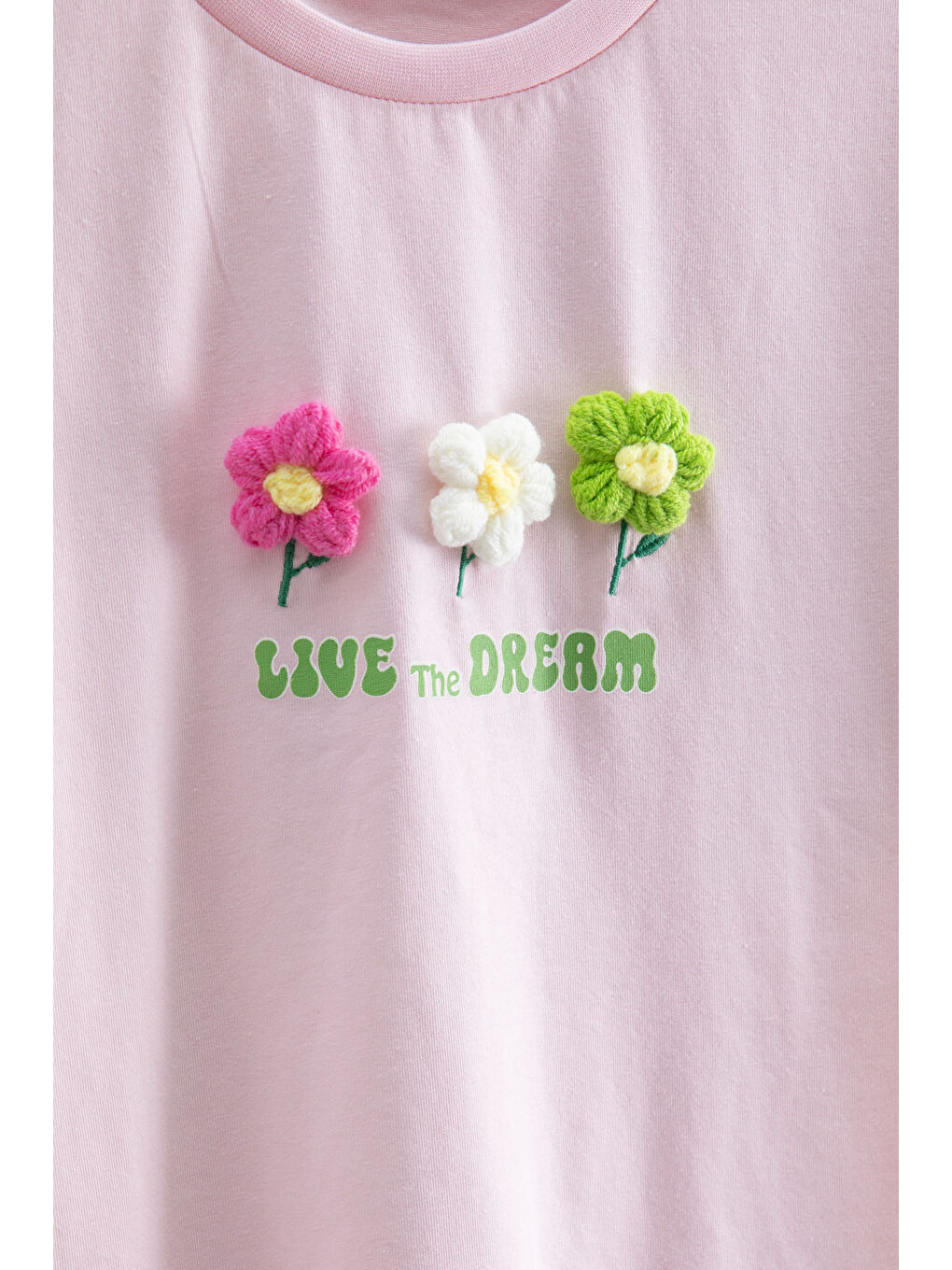 Pembe Papatya Nakışlı Bisiklet Yaka Kız Çocuk Tişört 20985-1