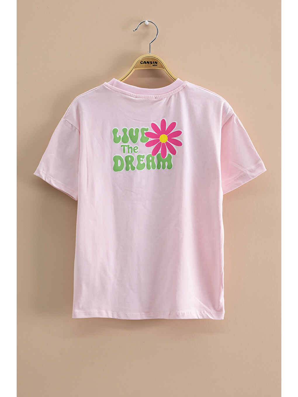 Pembe Papatya Nakışlı Bisiklet Yaka Kız Çocuk Tişört 20985-2