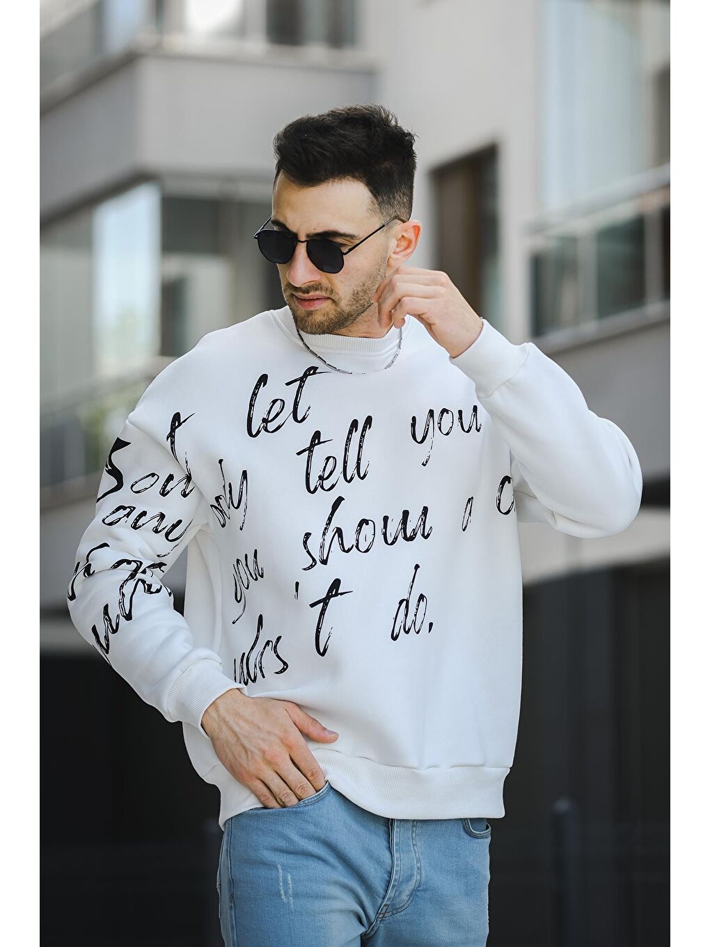Ekru Üç İplik Şardonlu Baskılı Bisiklet Yaka  Erkek Sweatshirt