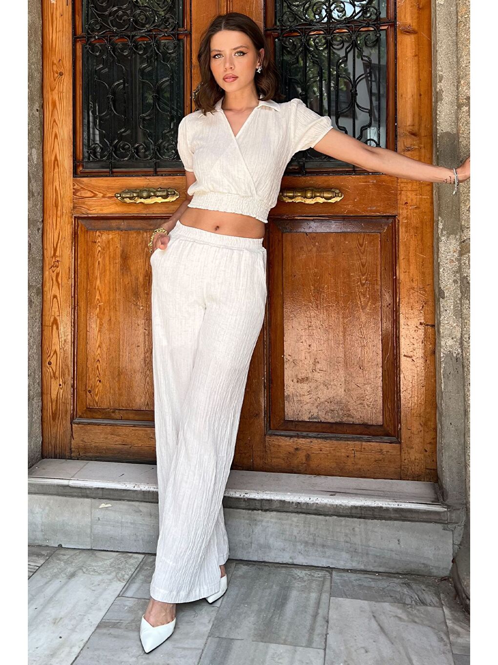 Bej Gömlek Yaka Kısa Kol Bluz Pantolon Keten İkili Takım