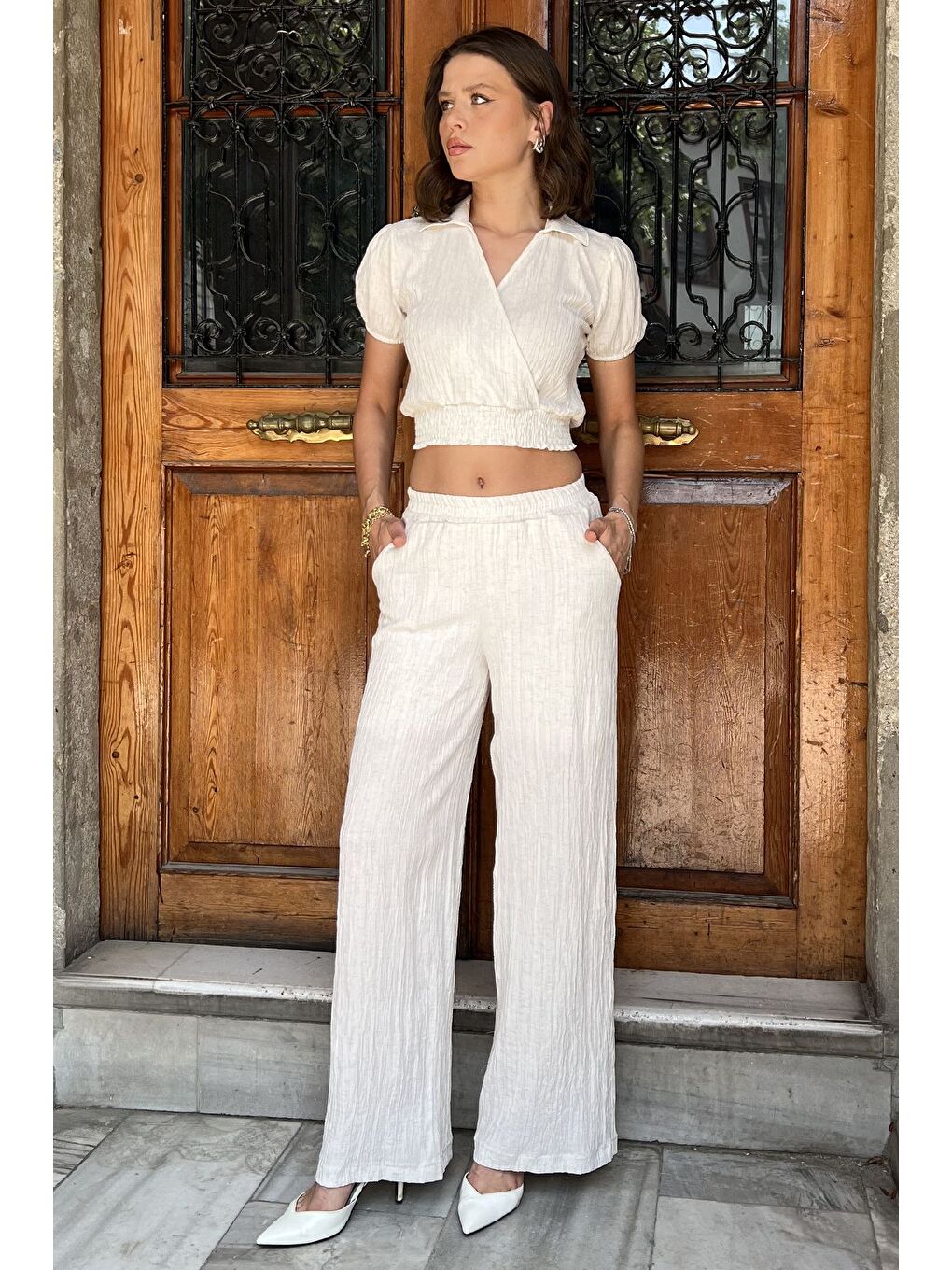 Bej Gömlek Yaka Kısa Kol Bluz Pantolon Keten İkili Takım-1