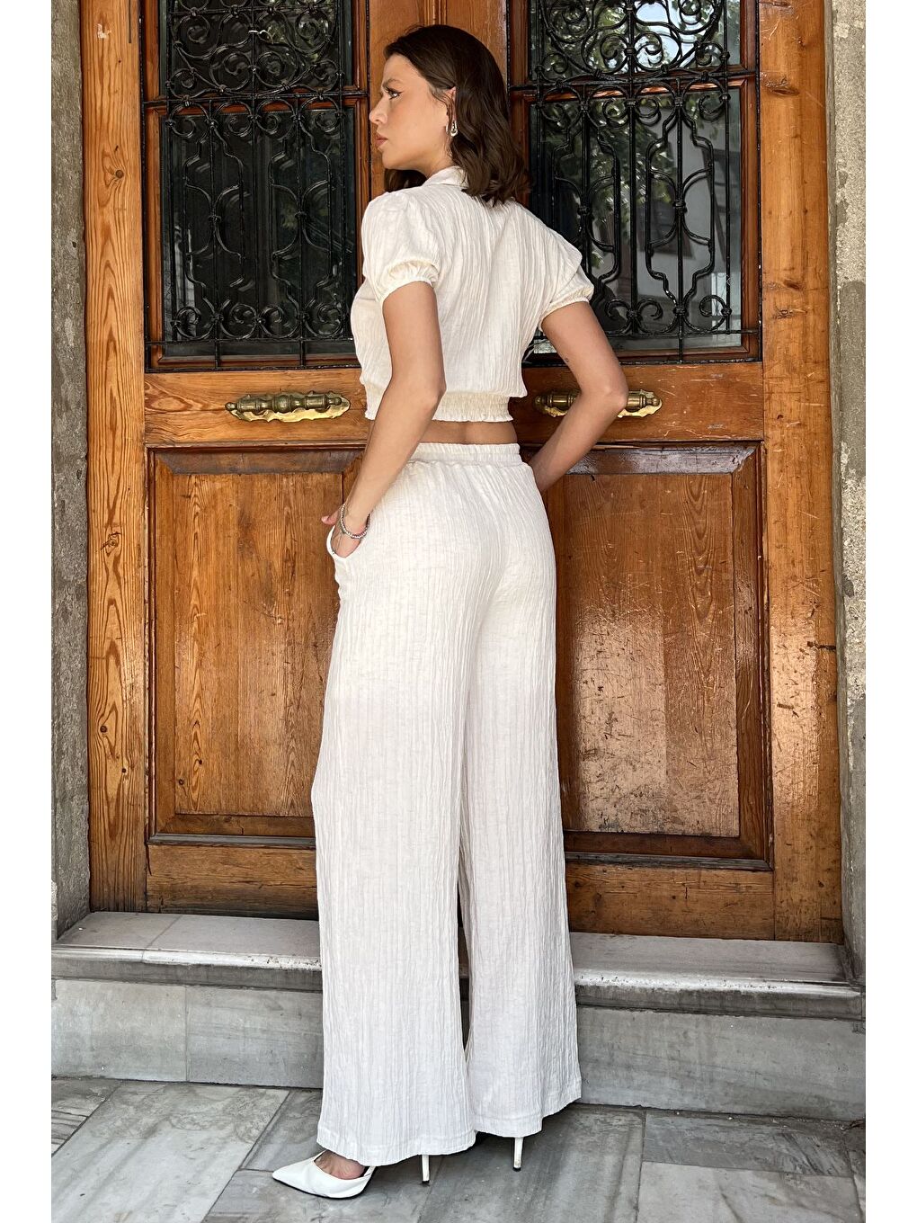 Bej Gömlek Yaka Kısa Kol Bluz Pantolon Keten İkili Takım-2