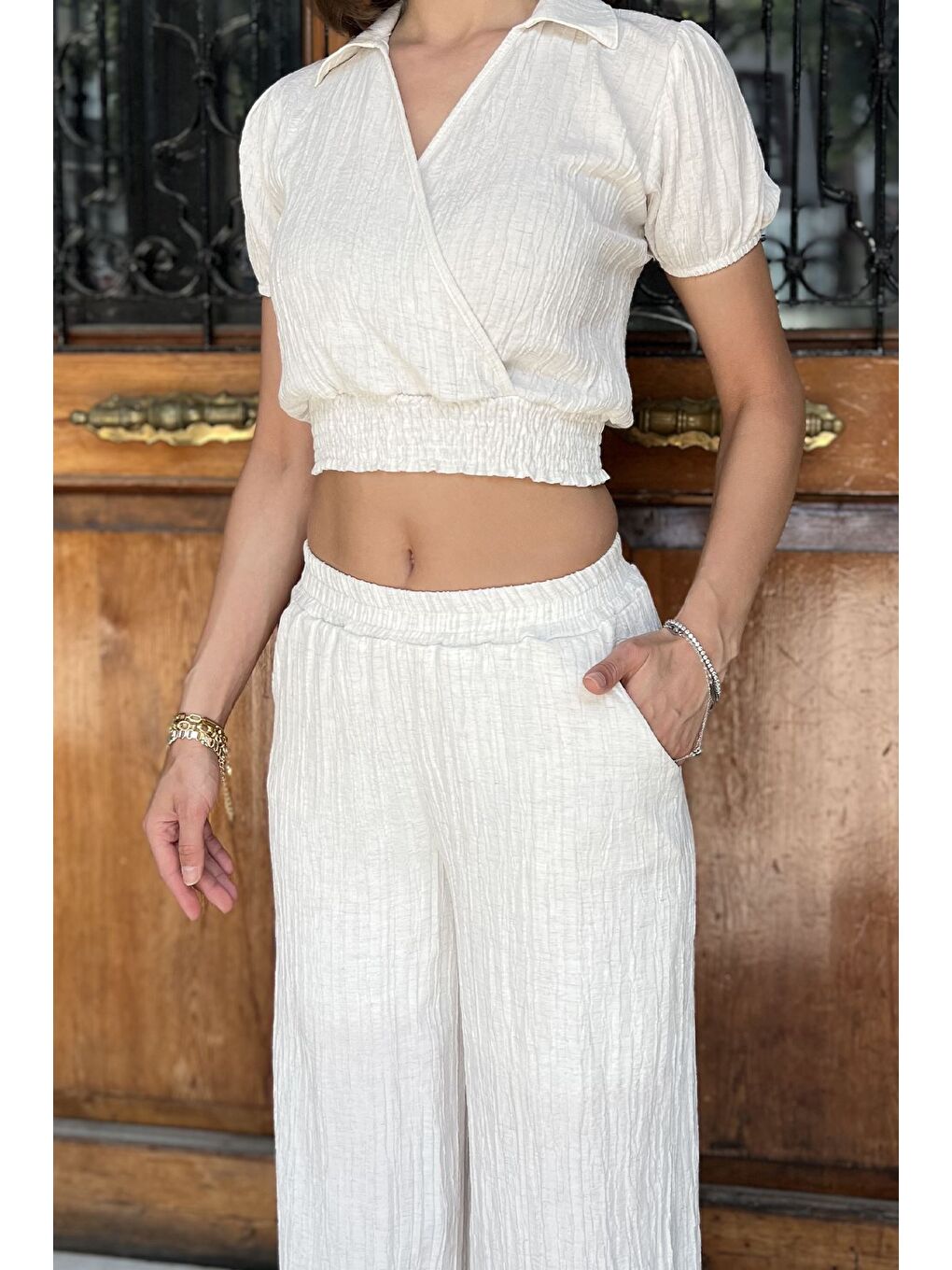 Bej Gömlek Yaka Kısa Kol Bluz Pantolon Keten İkili Takım-3