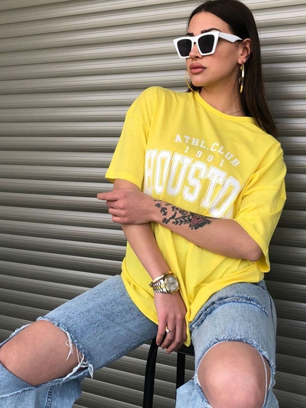 Kadın Sarı Houston Baskılı Salaş Oversize Tişört Boyfriend