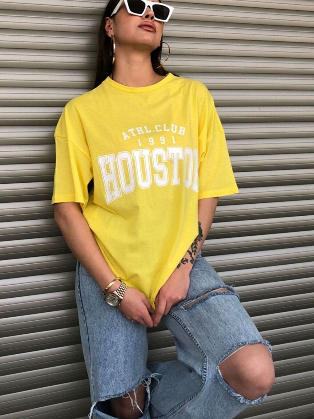 Kadın Sarı Houston Baskılı Salaş Oversize Tişört Boyfriend-2