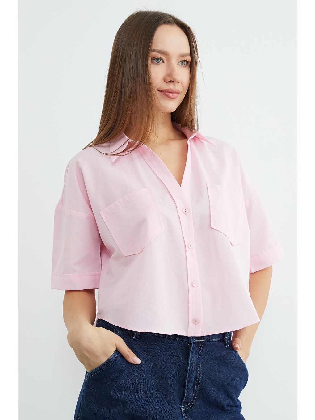 Pembe Çift Cepli Oversize Crop Gömlek-3