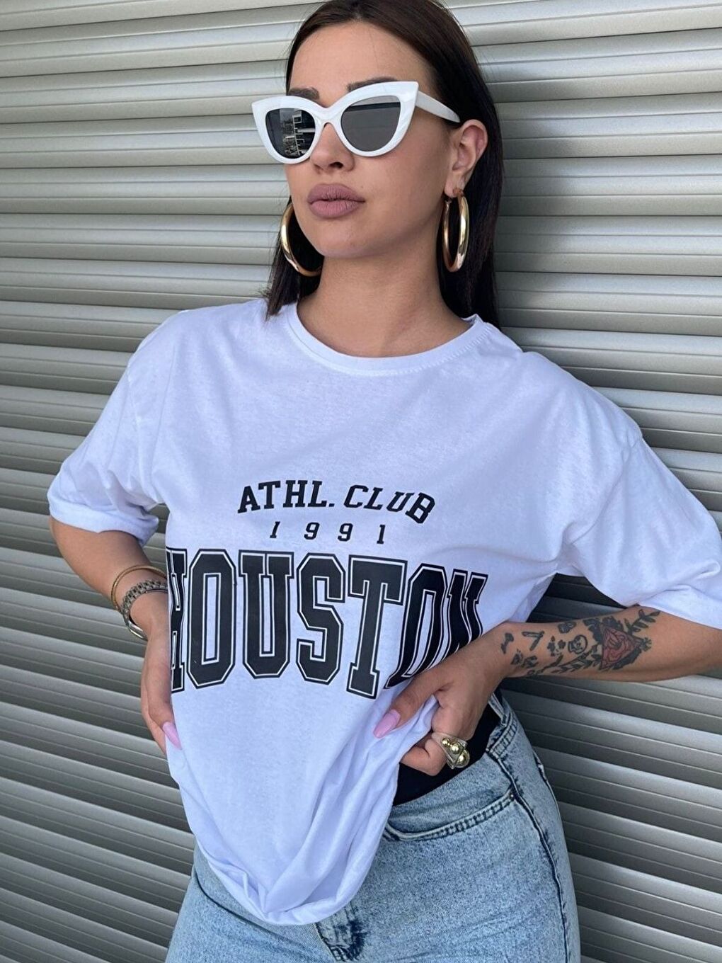 Kadın Beyaz Houston Baskılı Salaş Oversize Tişört Boyfriend