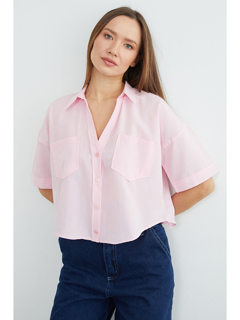 Pembe Çift Cepli Oversize Crop Gömlek-4