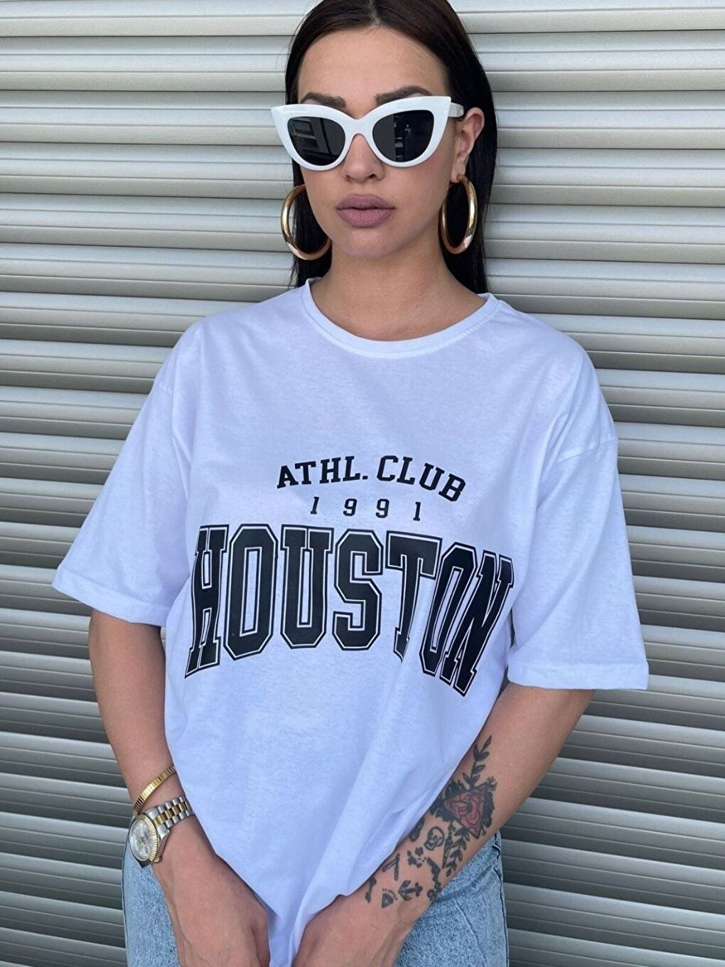 Kadın Beyaz Houston Baskılı Salaş Oversize Tişört Boyfriend-1