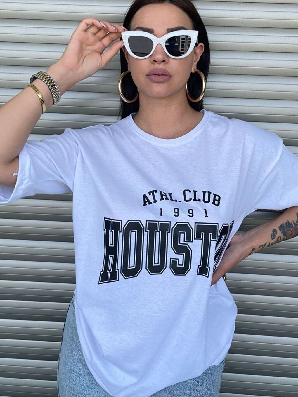 Kadın Beyaz Houston Baskılı Salaş Oversize Tişört Boyfriend-2