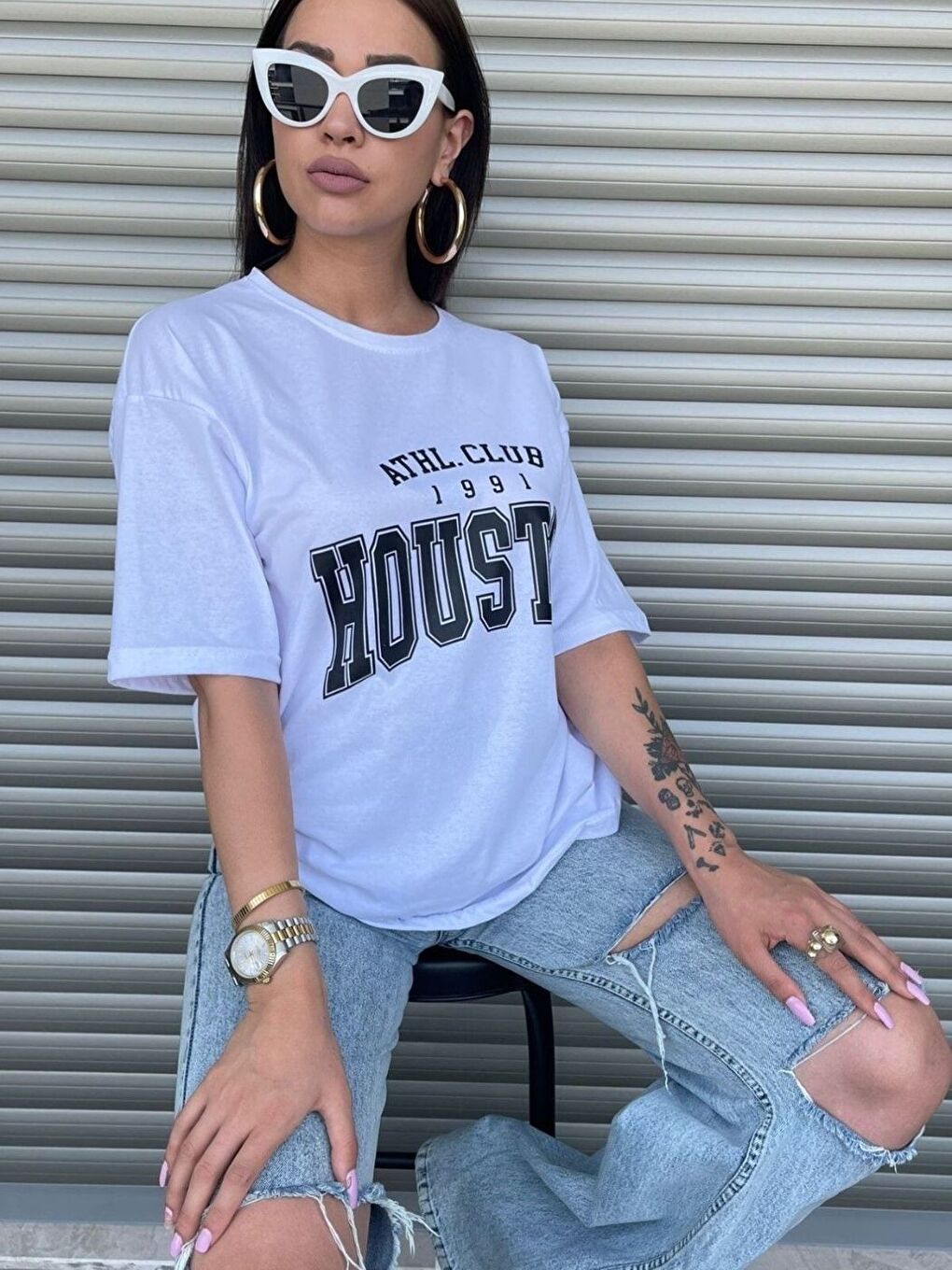 Kadın Beyaz Houston Baskılı Salaş Oversize Tişört Boyfriend-3