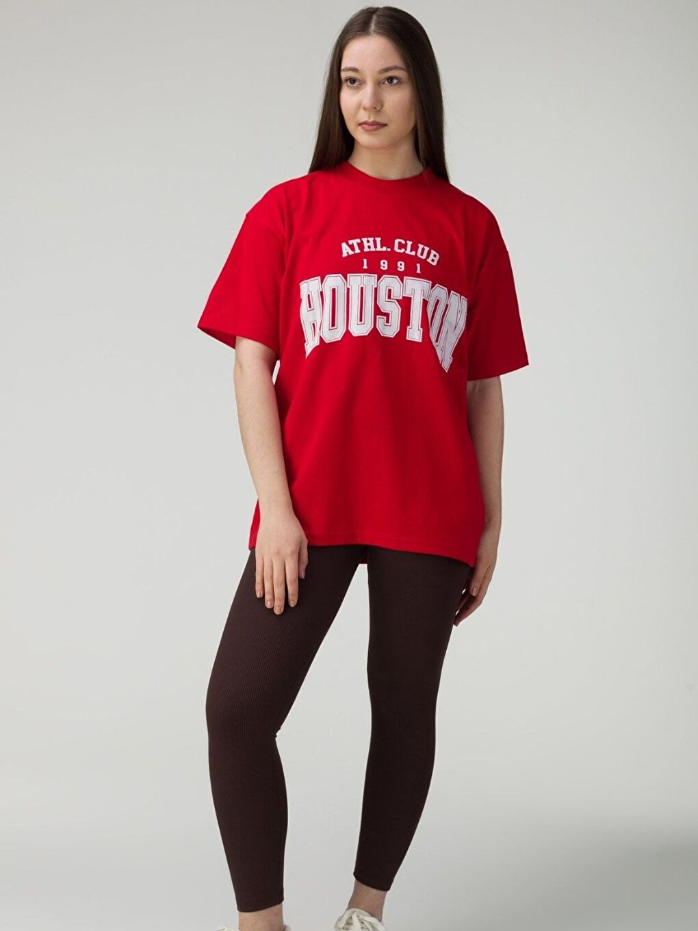 Kadın Kırmızı Houston Baskılı Salaş Oversize Tişört Boyfriend
