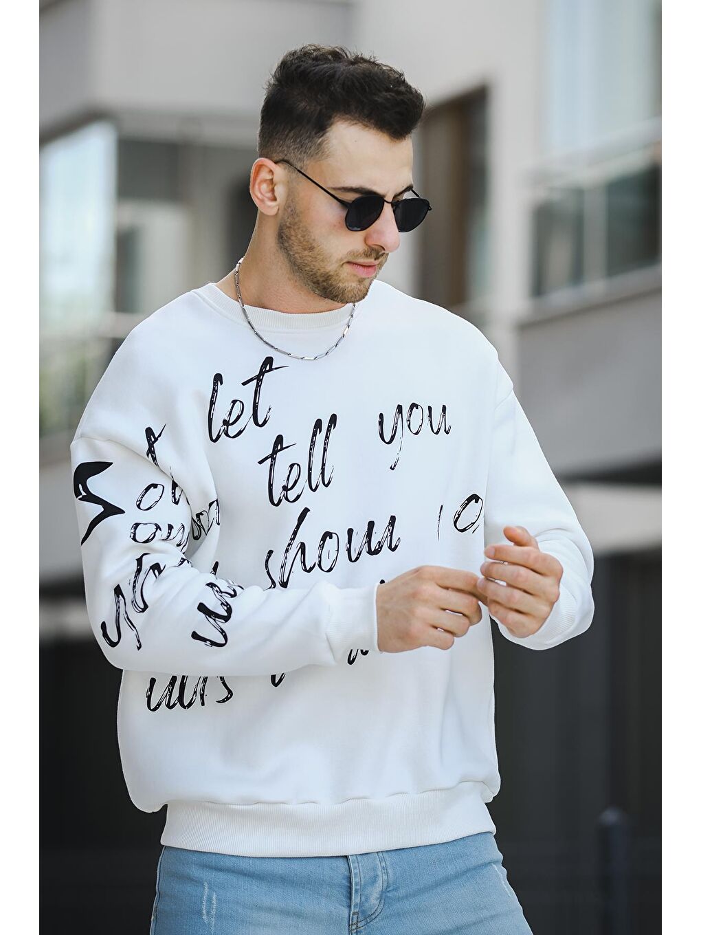 Ekru Üç İplik Şardonlu Baskılı Bisiklet Yaka  Erkek Sweatshirt-2