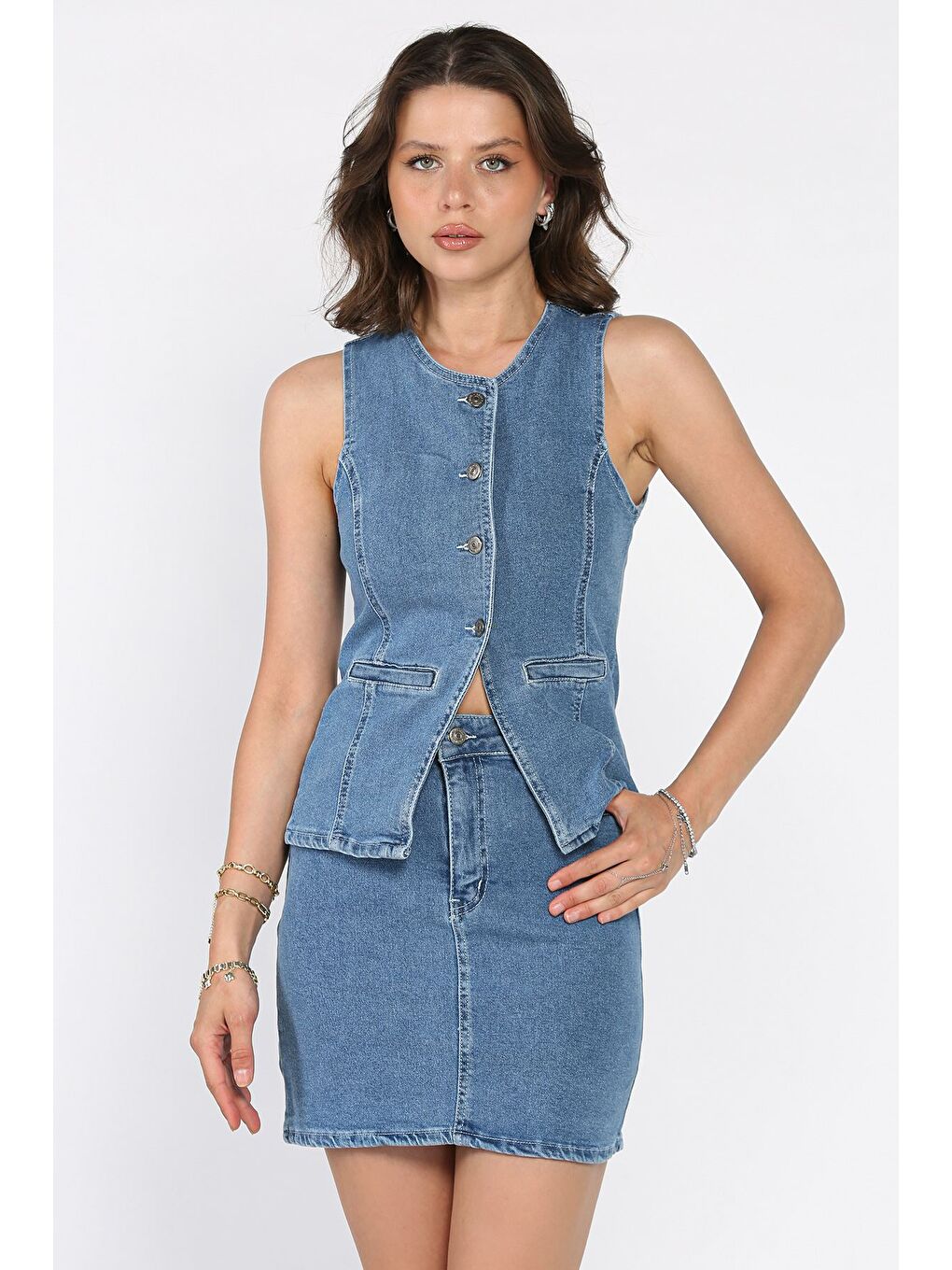 Mavi Jean Jean Yelek Etek İkili Takım