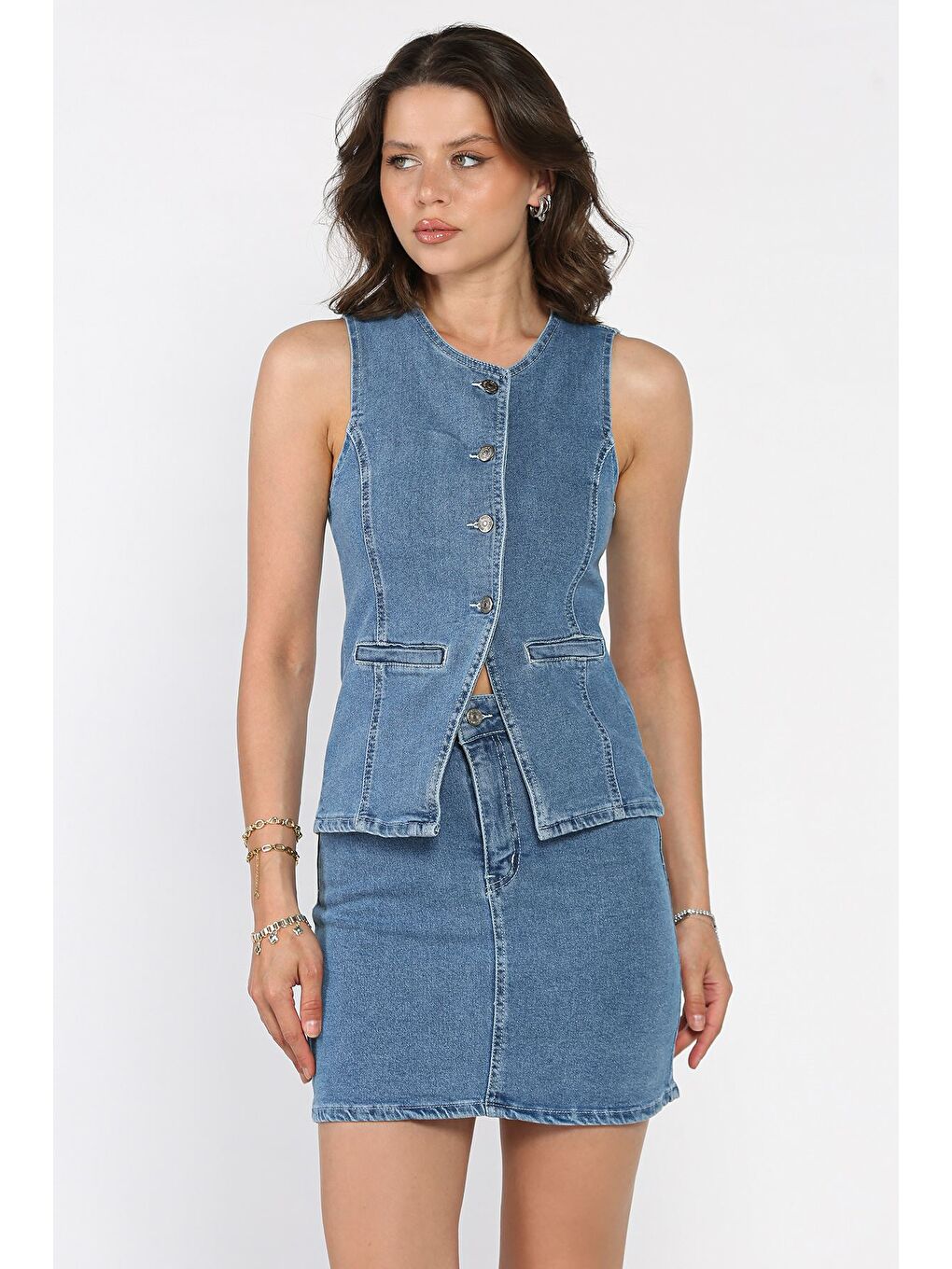 Mavi Jean Jean Yelek Etek İkili Takım-1