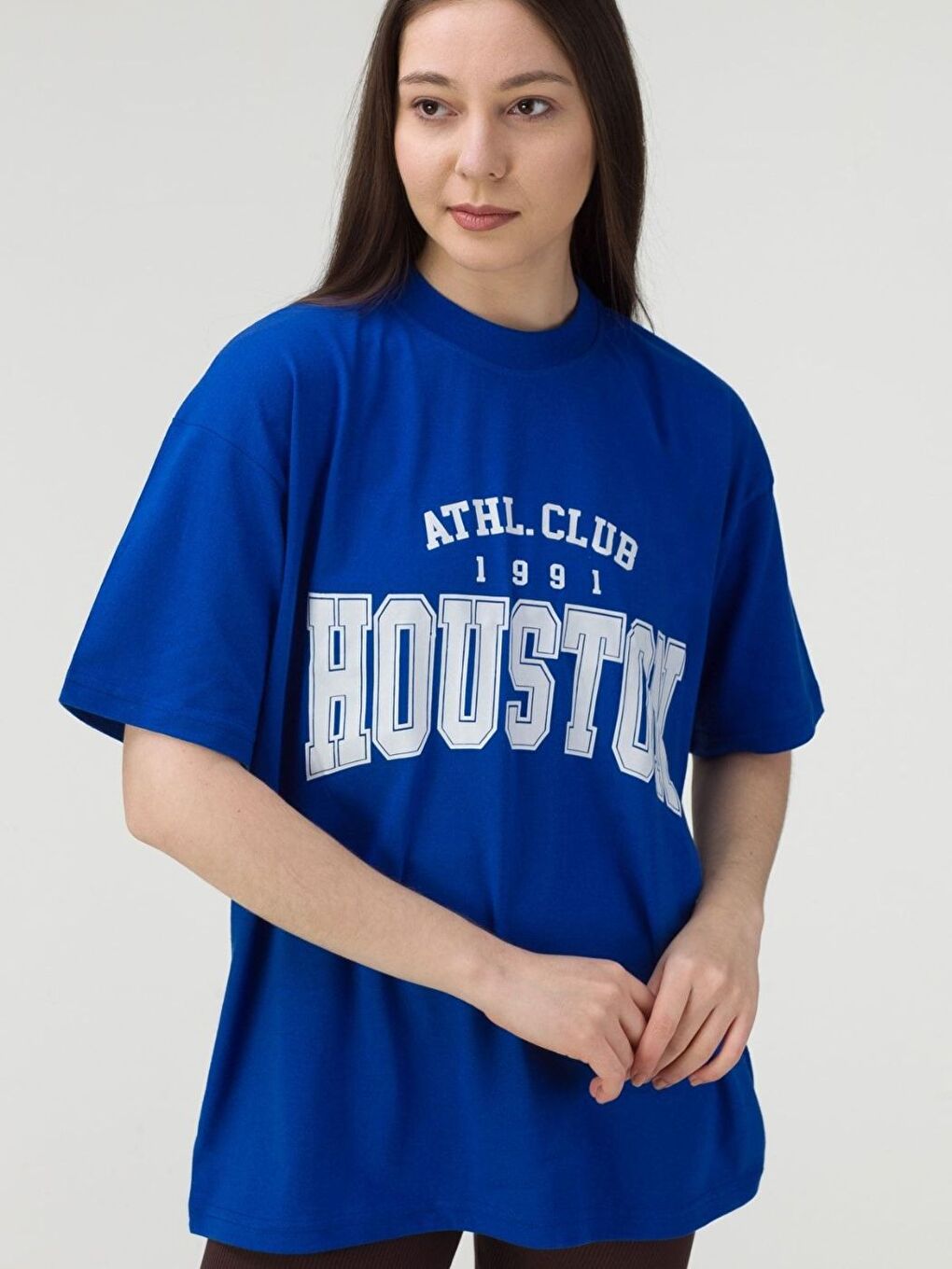 Kadın Mavi Houston Baskılı Salaş Oversize Tişört Boyfriend