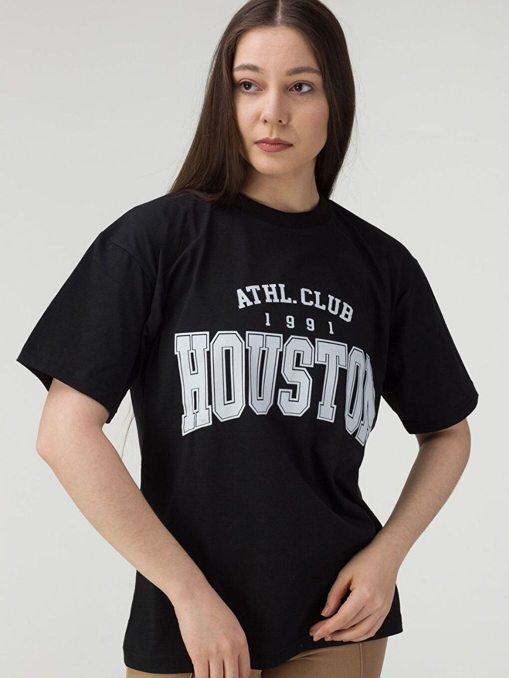 Kadın Siyah Houston Baskılı Salaş Oversize Tişört Boyfriend