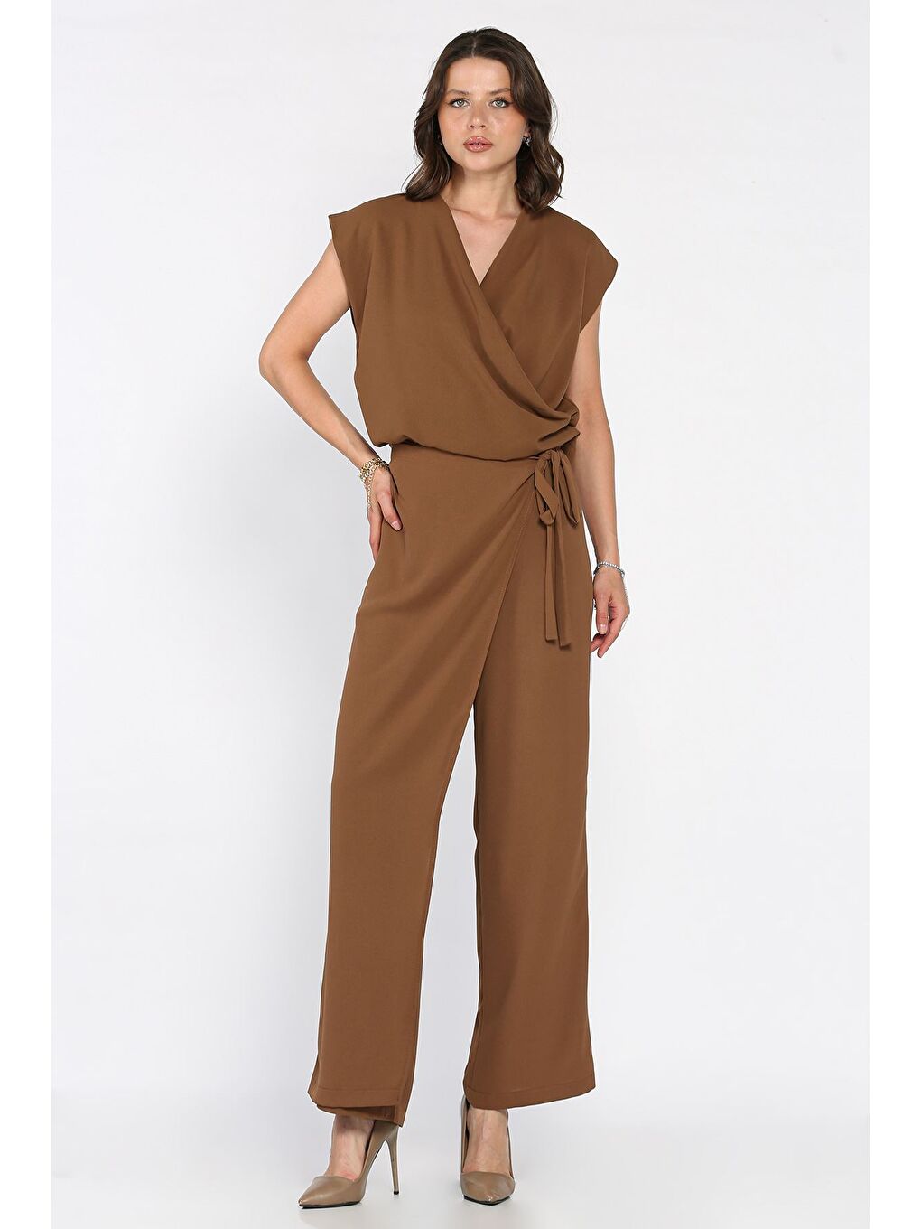 Kahverengi Kadın Etek Görünümlü Pantolon Bluz İkili Takım