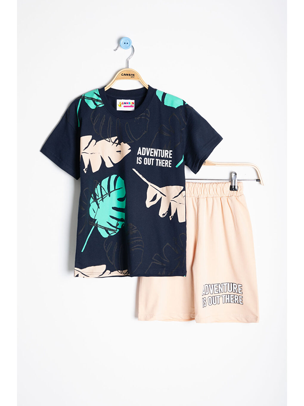 Lacivert Yaprak Baskılı Bisiklet Yaka Erkek Çocuk 2li Şortlu Takım 21057