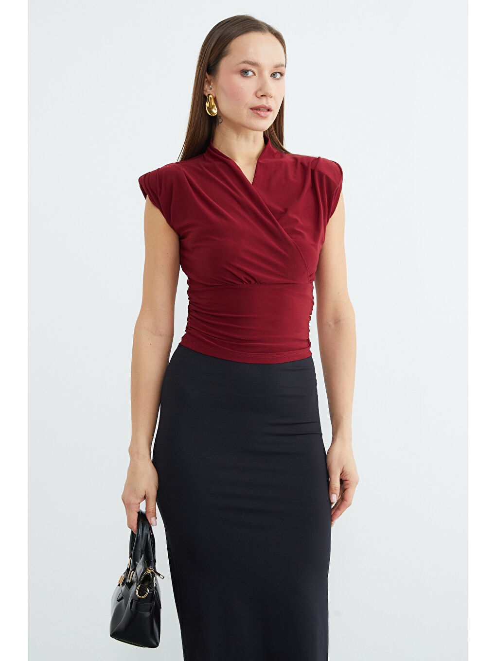 Bordo Omuz Vatkalı Kruvaze Yaka Bluz-1