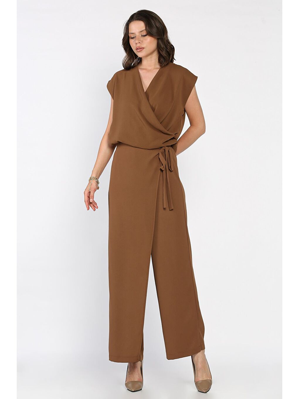 Kahverengi Kadın Etek Görünümlü Pantolon Bluz İkili Takım-1